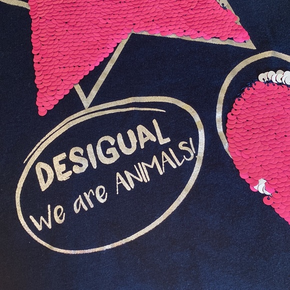 Desigual Long Sleeve Blue/Pink Tee Shirt w/Sequin Embellishment - Size 13/14 - Picture 4 of 9